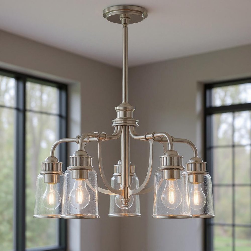 Nickel Five Light Metal Dimmable Chandelier With Shades