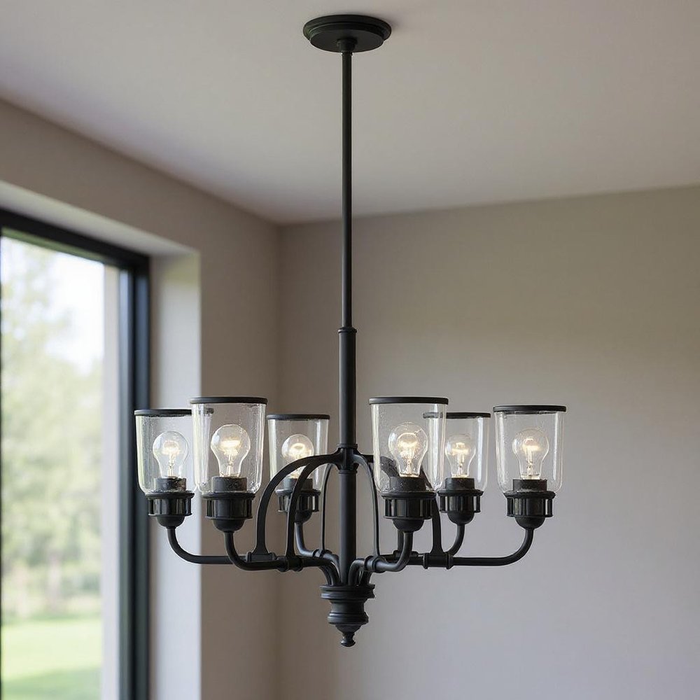Black Six Light Metal Dimmable Chandelier With Shades