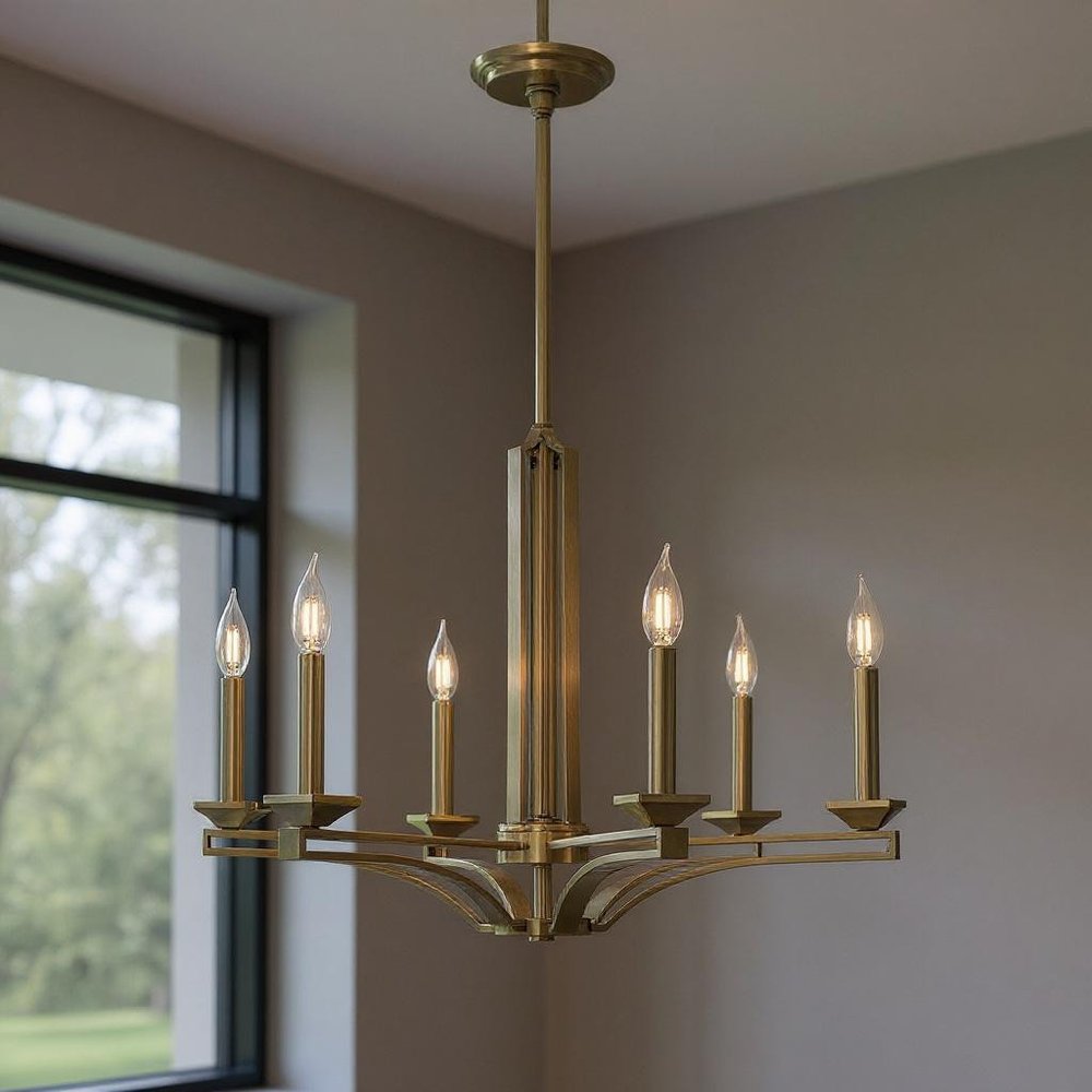 Antiqued Brass Six Light Metal Dimmable Chandelier With Shades