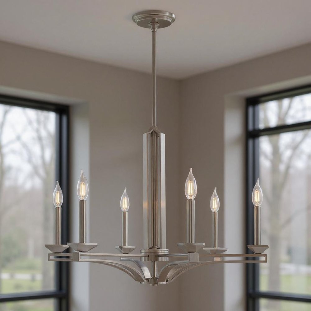 Nickel Six Light Metal Dimmable Chandelier With Shades