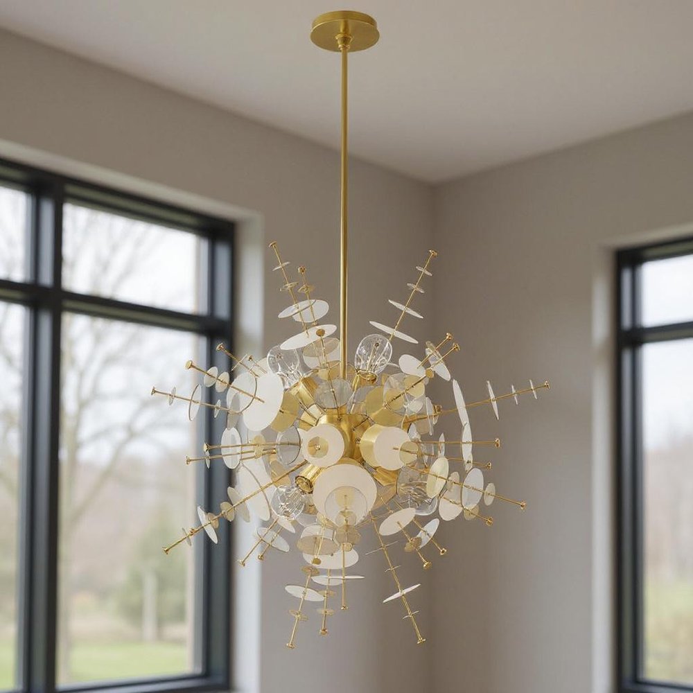Brass Six Light Metal Dimmable Chandelier With Shades