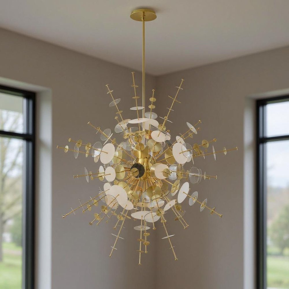 Brass Twelve Light Metal Dimmable Chandelier With Shades