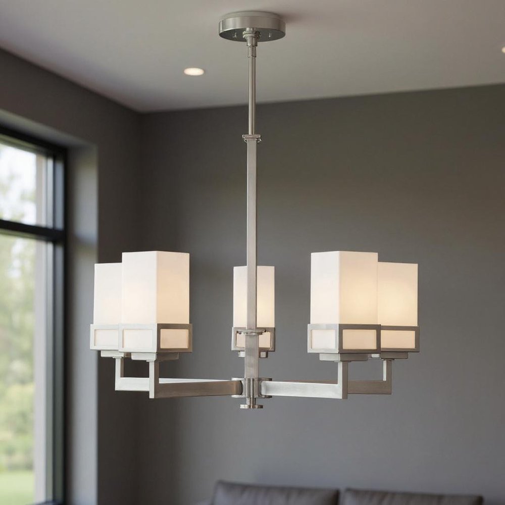 Nickel Five Light Metal Dimmable Chandelier With Shades