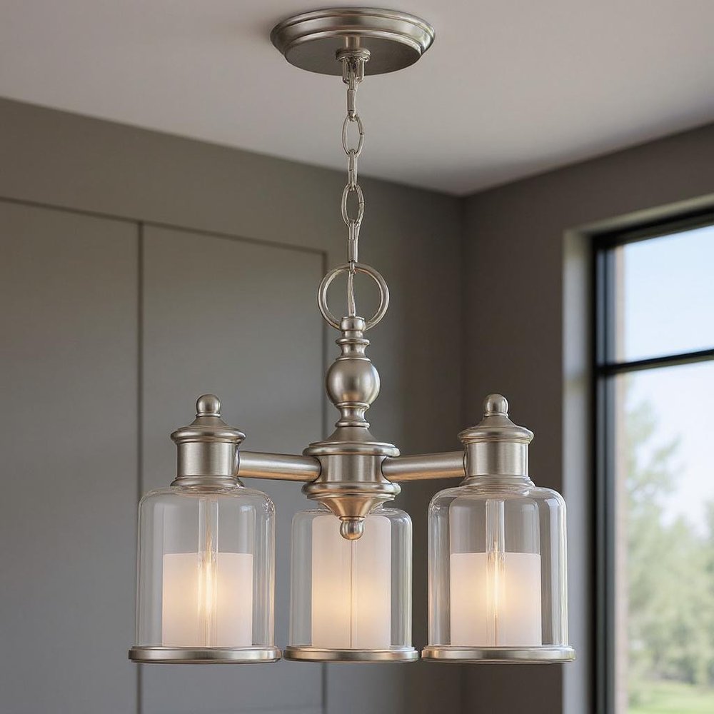 Nickel Three Light Metal Dimmable Chandelier With Shades