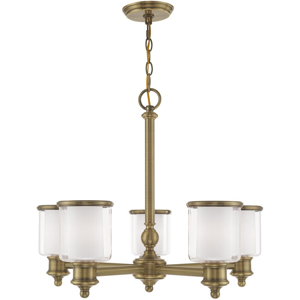 Antiqued Brass Five Light Metal Dimmable Chandelier With Shades