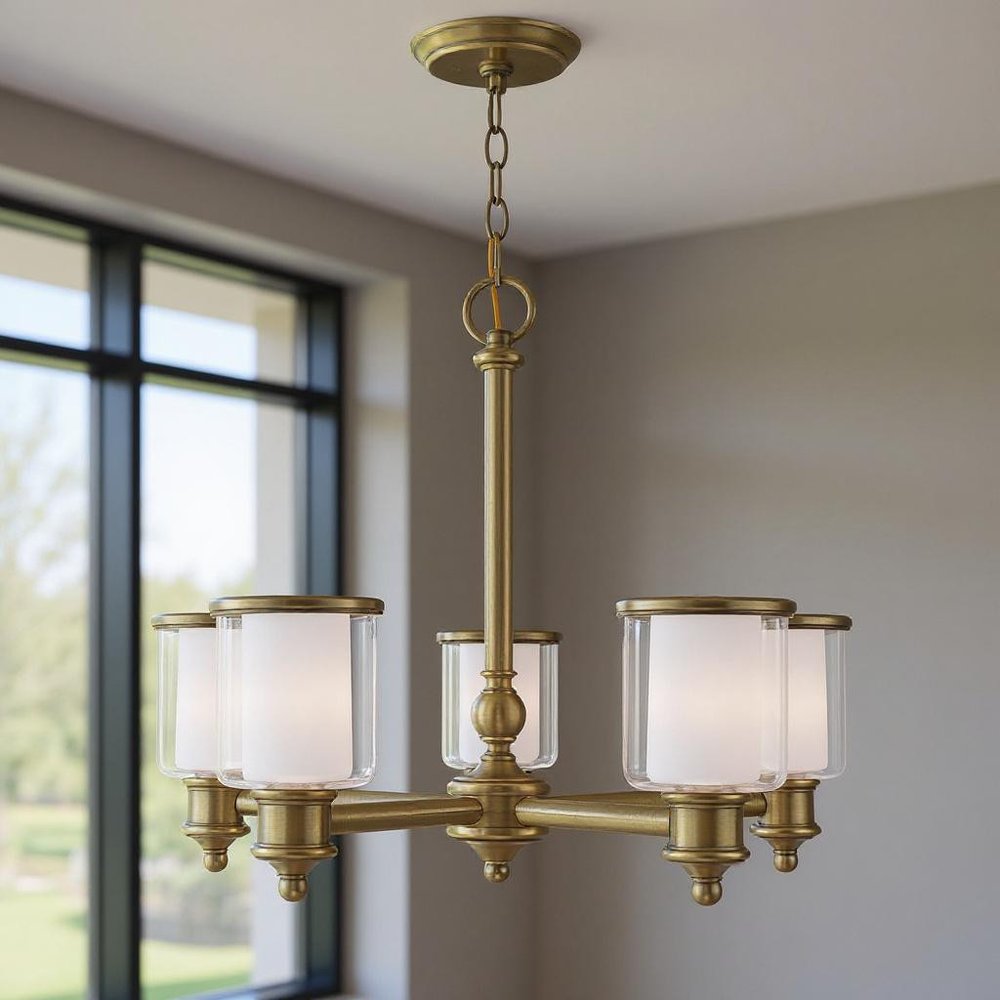 Antiqued Brass Five Light Metal Dimmable Chandelier With Shades