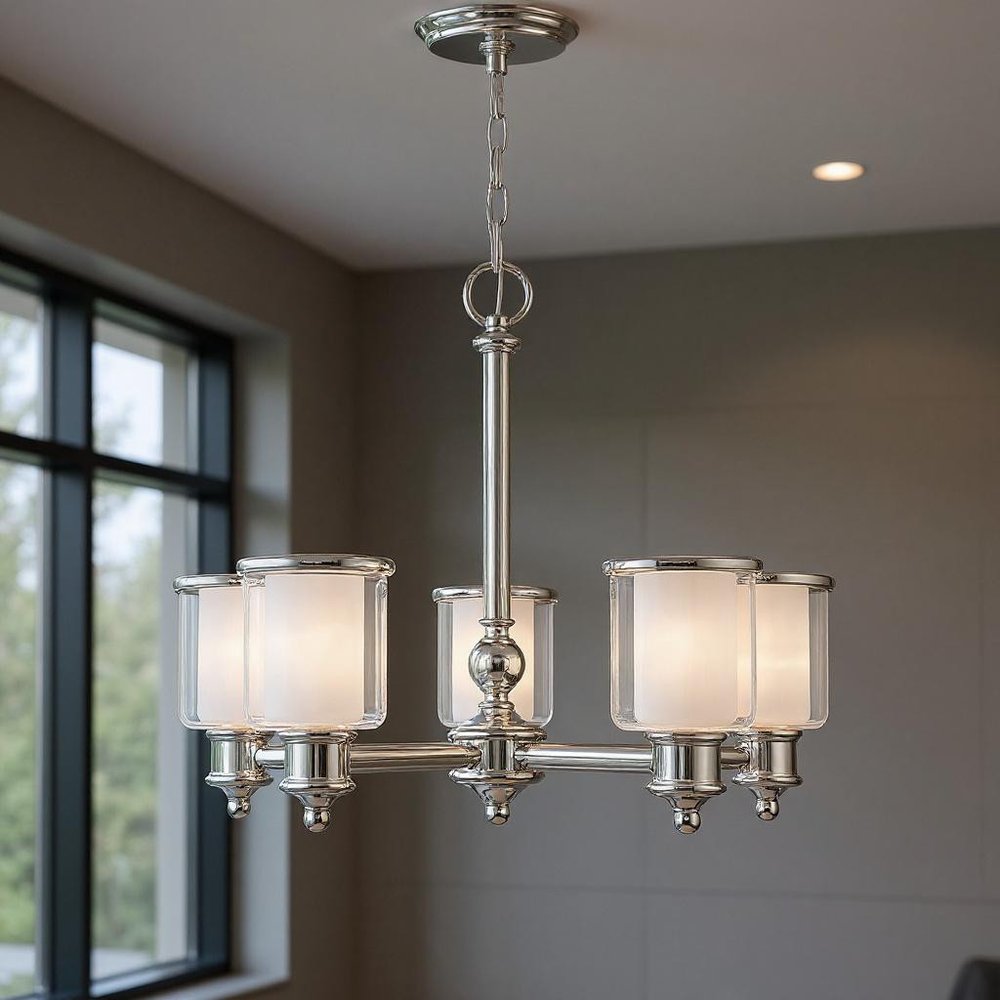 Nickel Five Light Metal Dimmable Chandelier With Shades