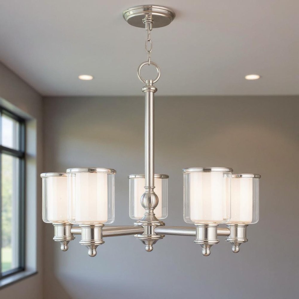 Nickel Five Light Metal Dimmable Chandelier With Shades