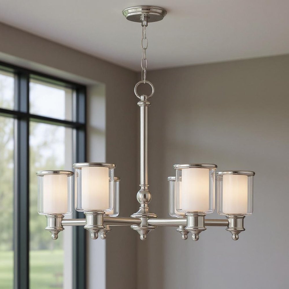 Nickel Six Light Metal Dimmable Chandelier With Shades