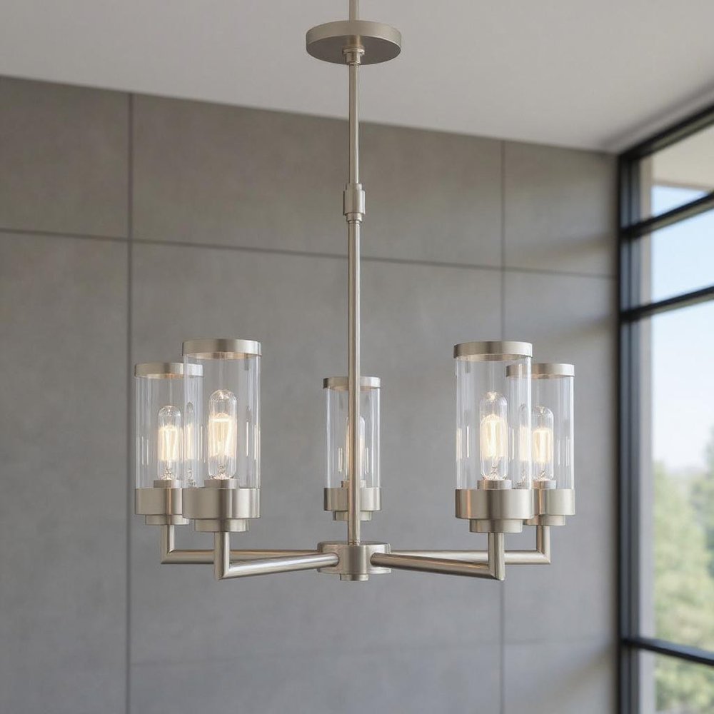 Nickel Five Light Metal Dimmable Chandelier With Shades