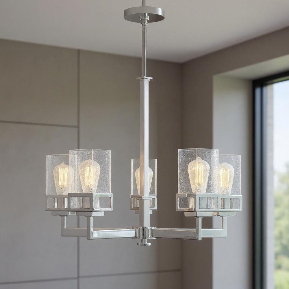 Silver Five Light Metal Dimmable Chandelier With Shades