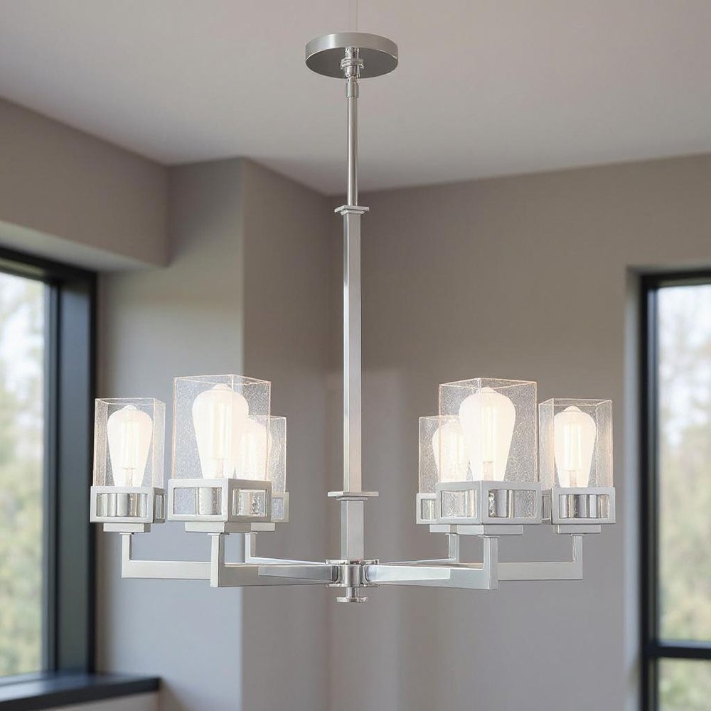 Silver Six Light Metal Dimmable Chandelier With Shades