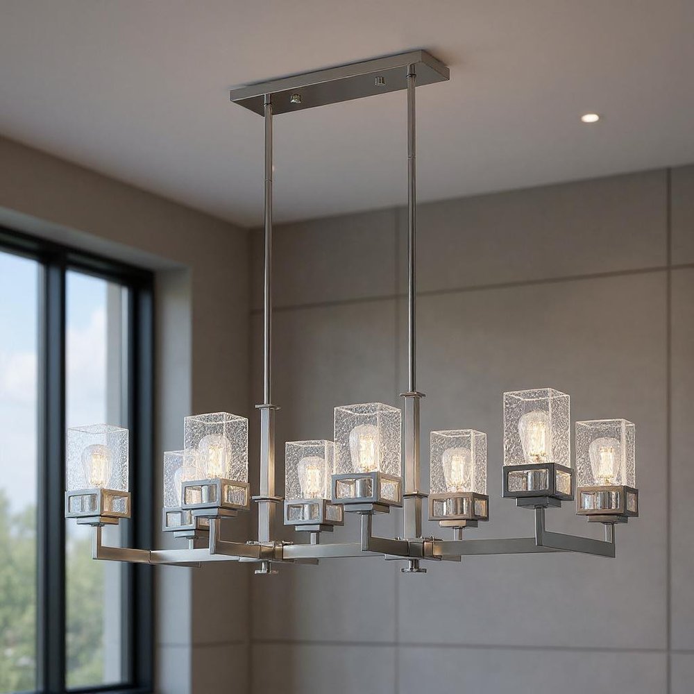 Silver Eight Light Metal Dimmable Chandelier With Shades