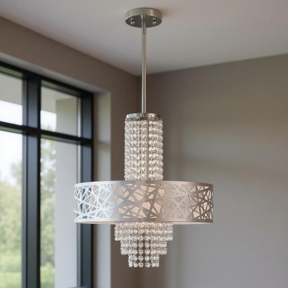 Silver Four Light Metal Dimmable Chandelier With Shades