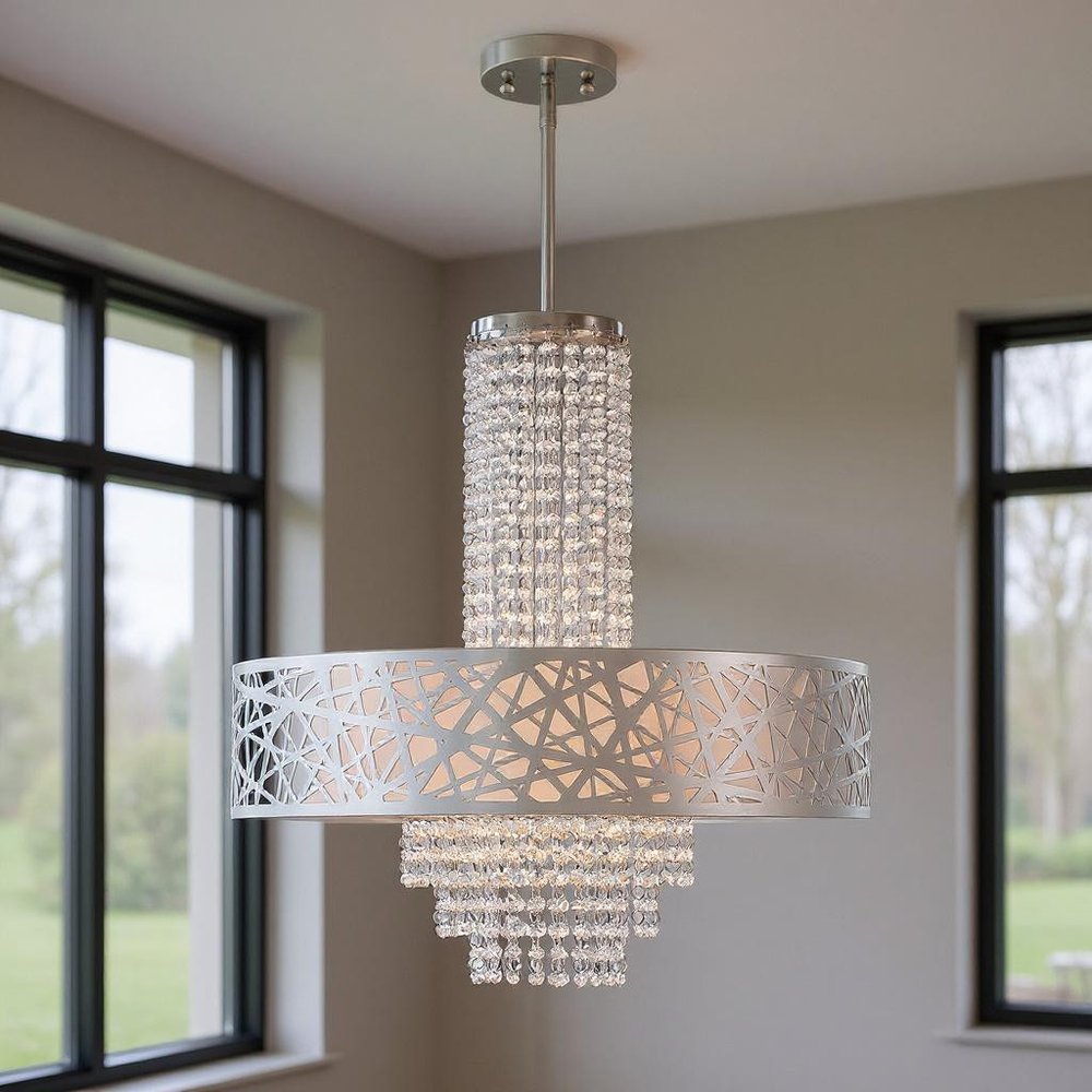 Silver Five Light Metal Dimmable Chandelier With Shades