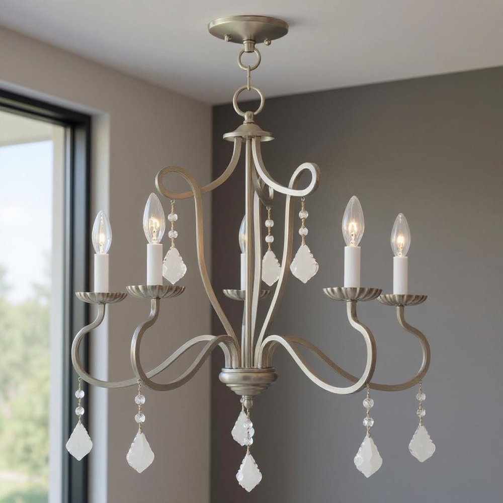 Nickel Five Light Metal Dimmable Chandelier With Shades