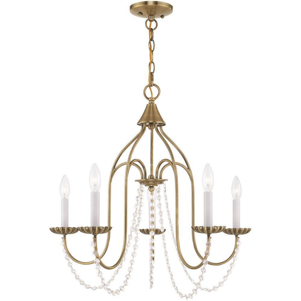 Antiqued Brass Five Light Metal Dimmable Chandelier With Shades