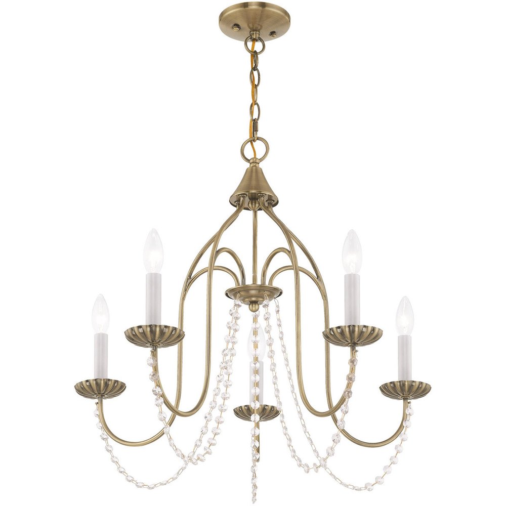 Antiqued Brass Five Light Metal Dimmable Chandelier With Shades