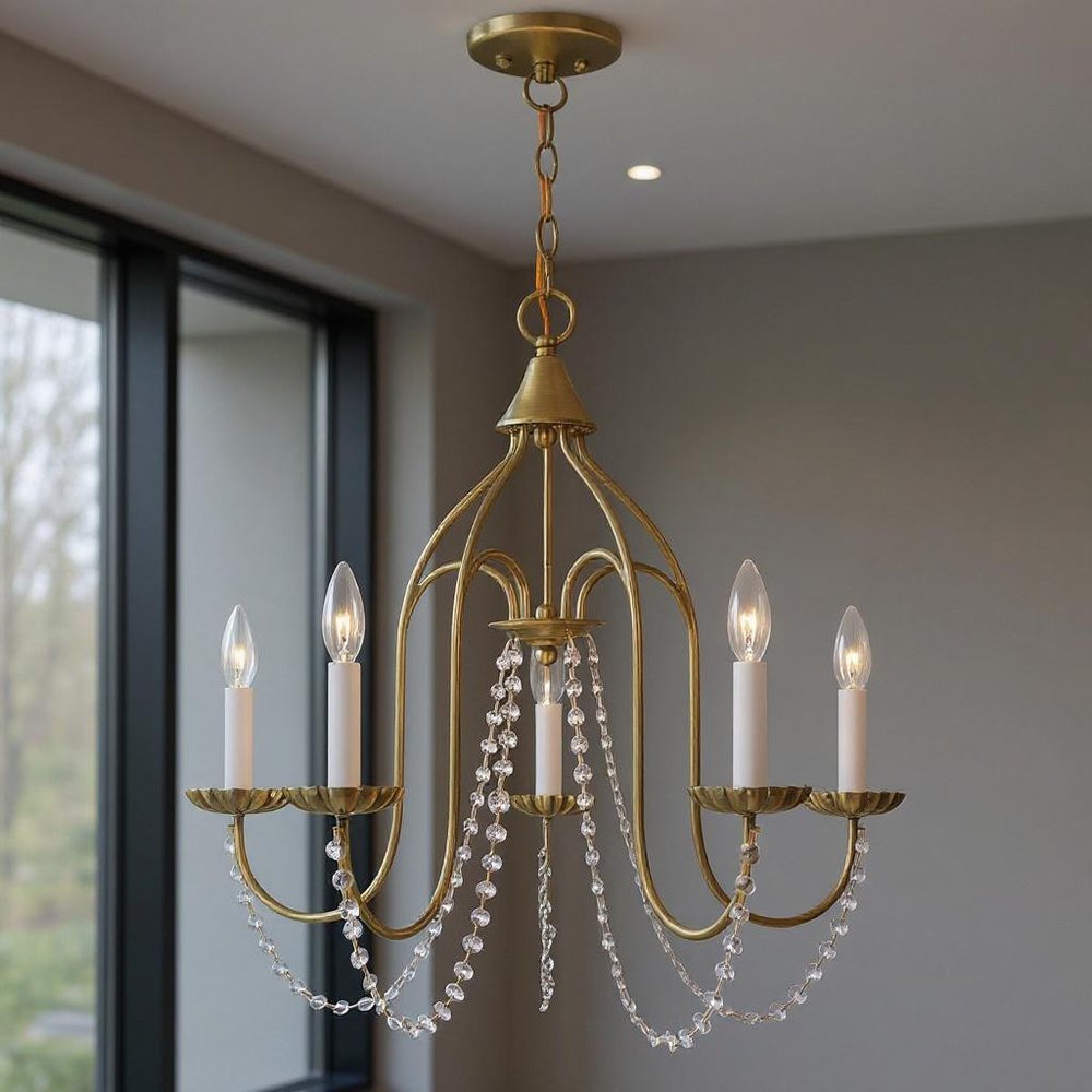 Antiqued Brass Five Light Metal Dimmable Chandelier With Shades