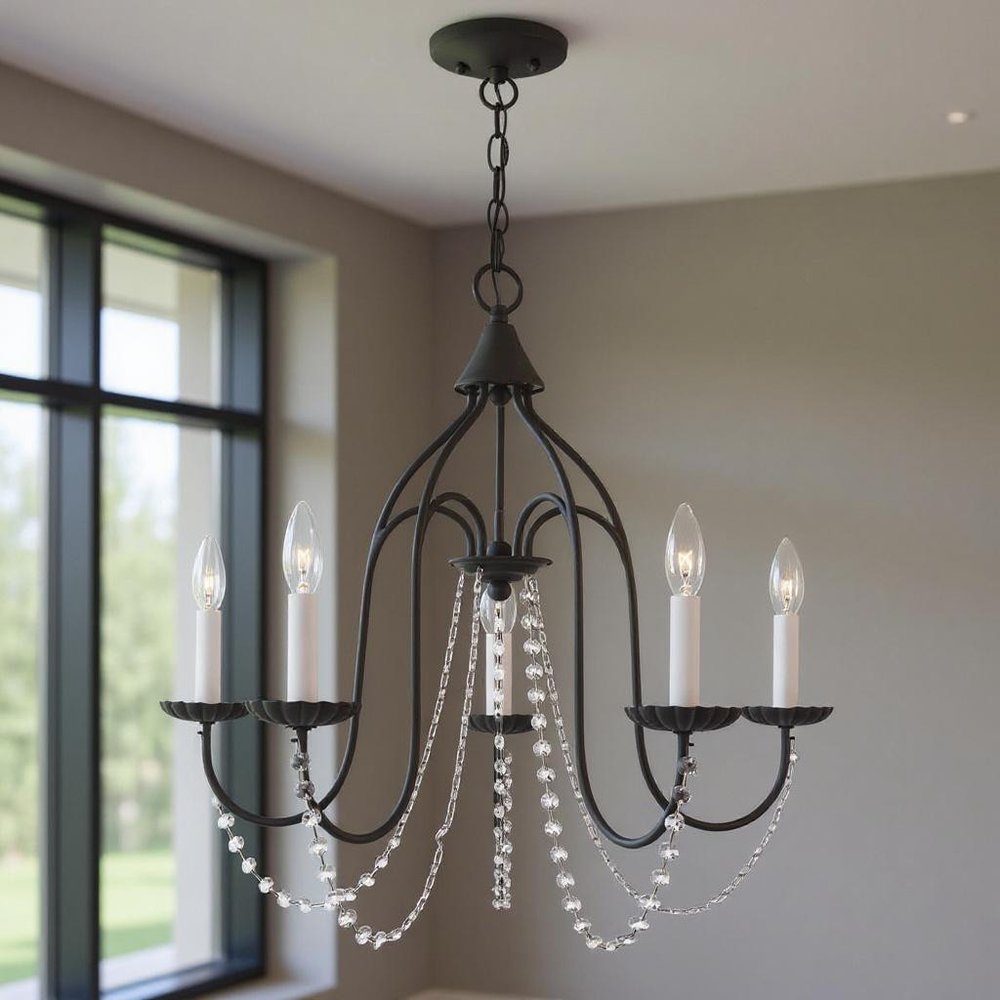 Black Five Light Metal Dimmable Chandelier With Shades