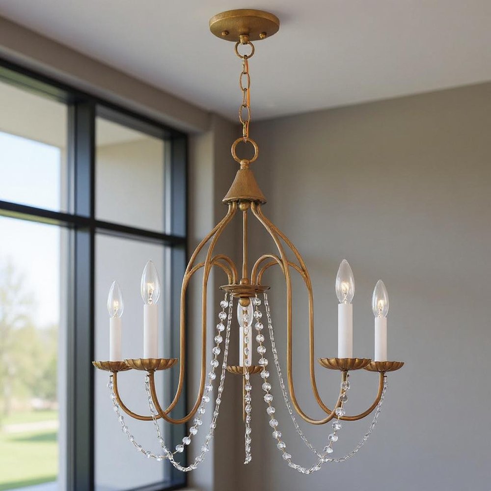 Antiqued Gold Five Light Metal Dimmable Chandelier With Shades