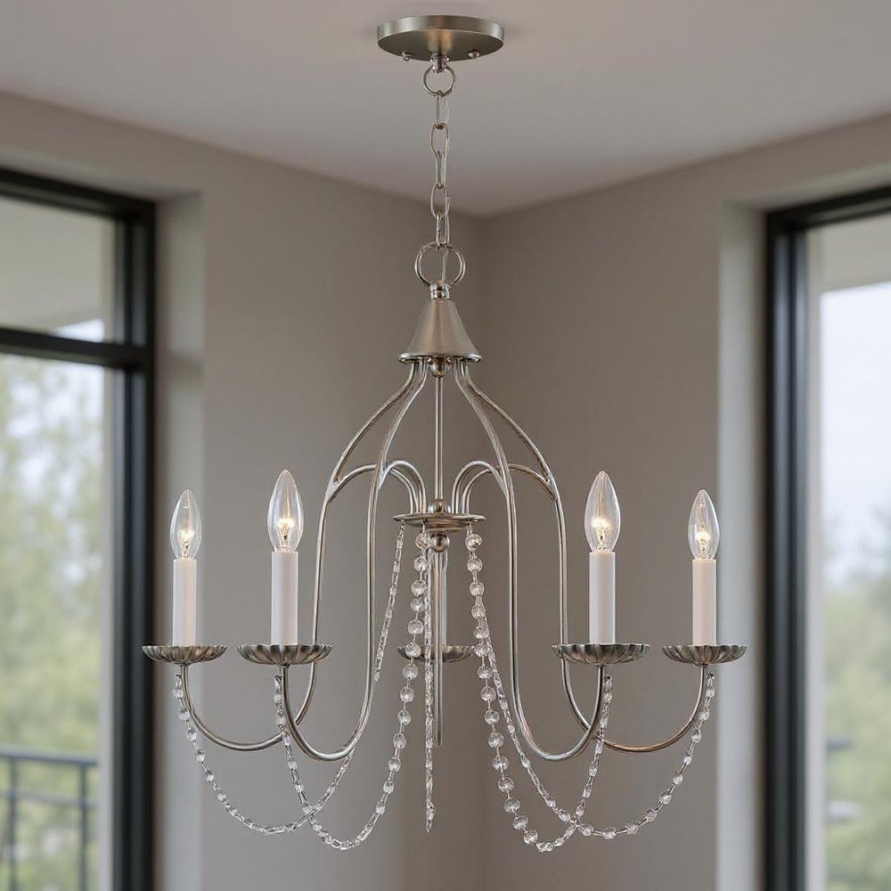 Nickel Five Light Metal Dimmable Chandelier With Shades