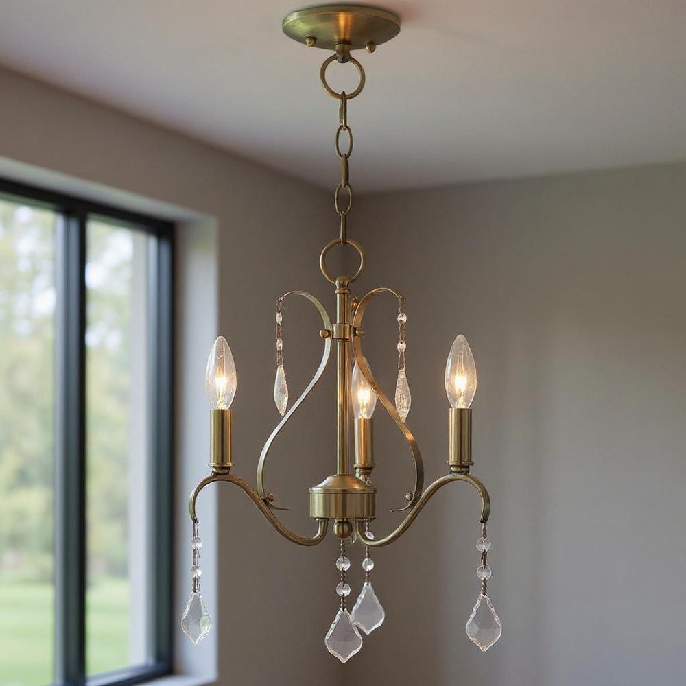 Antiqued Brass Three Light Metal Dimmable Chandelier With Shades