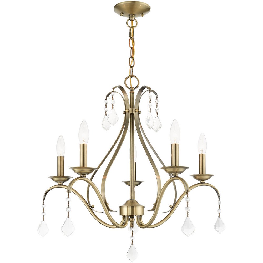 Antiqued Brass Five Light Metal Dimmable Chandelier With Shades