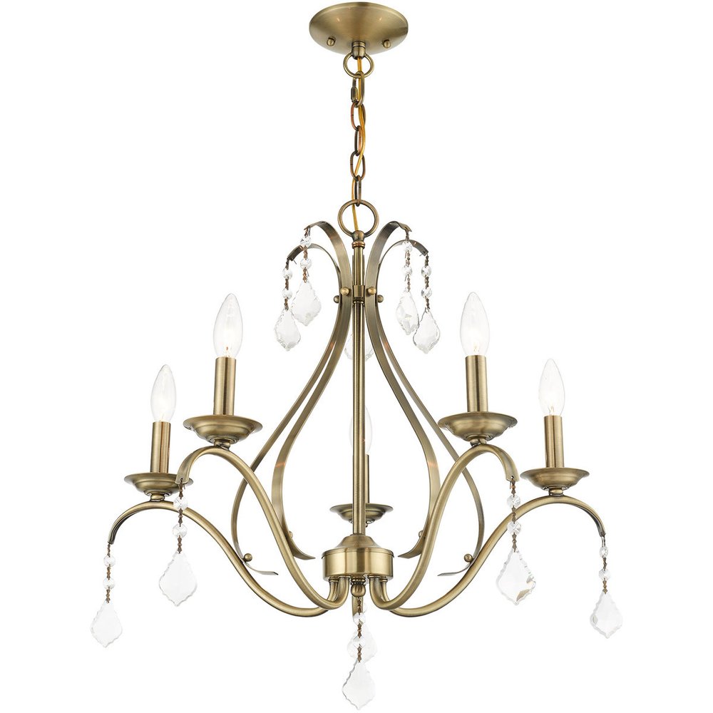 Antiqued Brass Five Light Metal Dimmable Chandelier With Shades