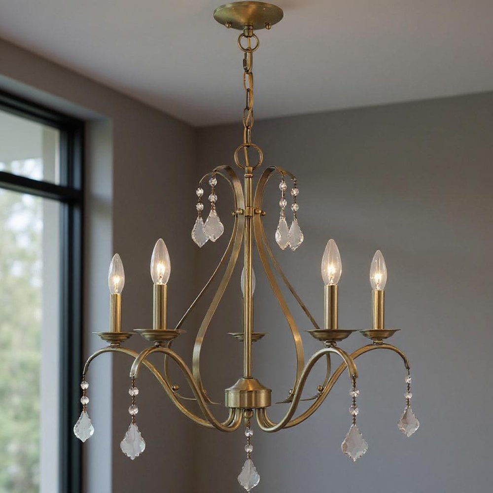 Antiqued Brass Five Light Metal Dimmable Chandelier With Shades