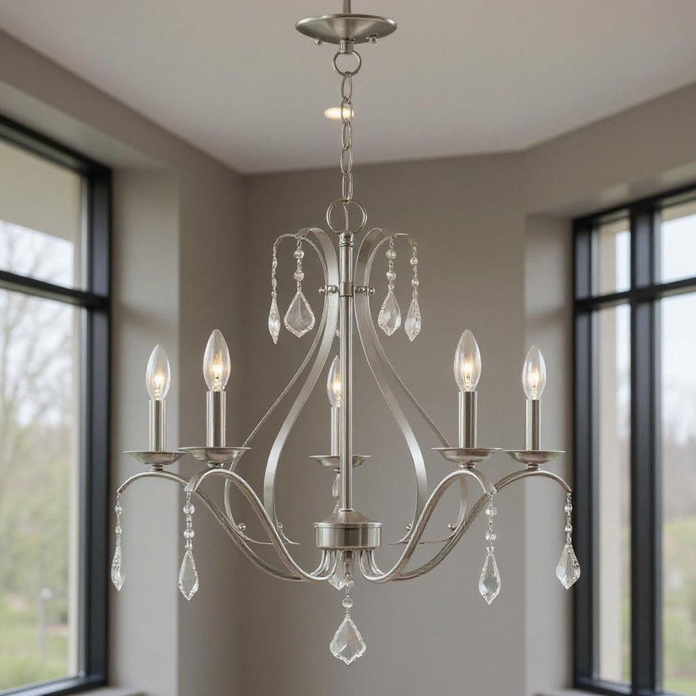 Nickel Five Light Metal Dimmable Chandelier With Shades