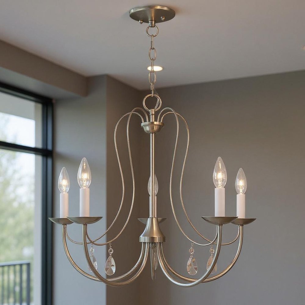 Nickel Five Light Metal Dimmable Chandelier With Shades