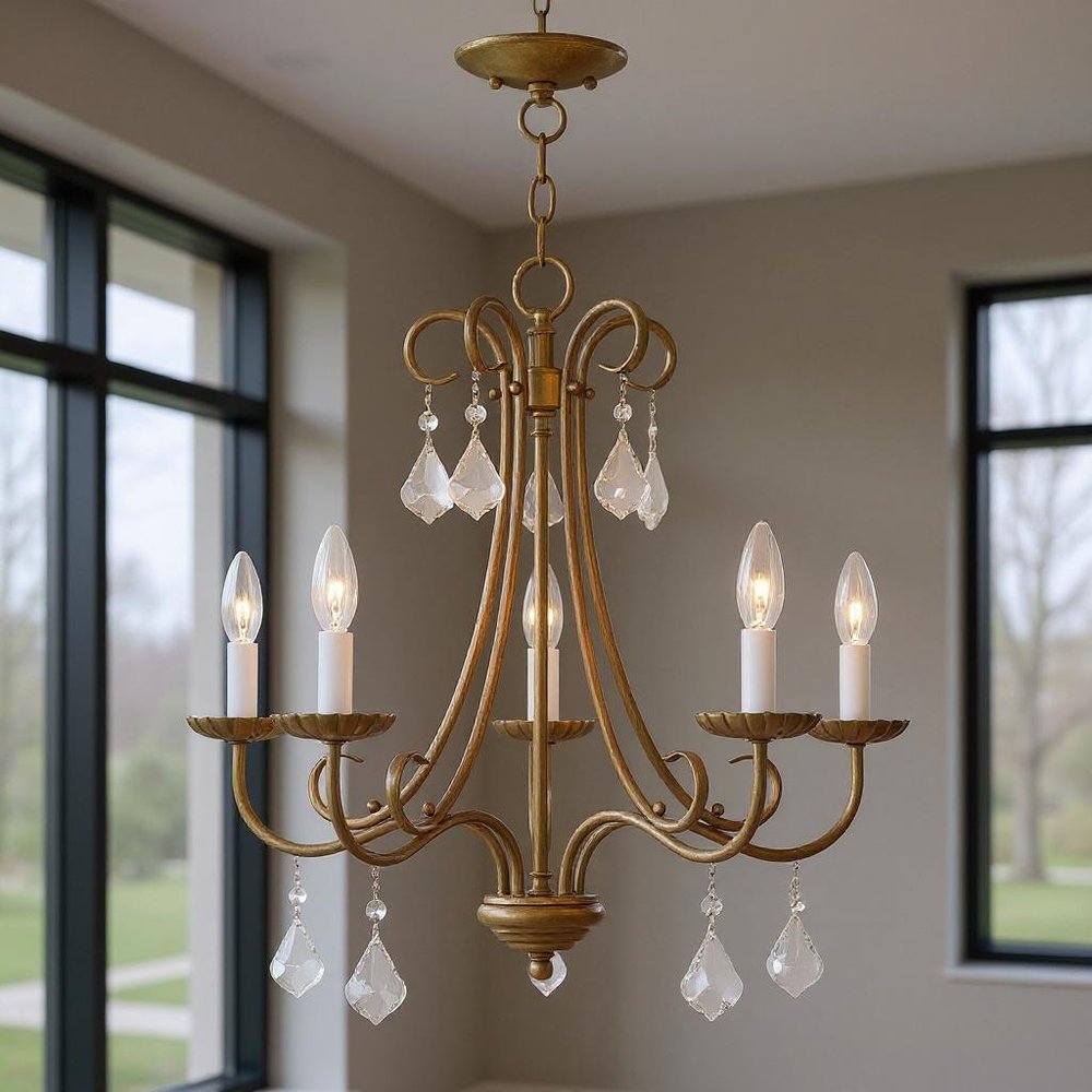 Antiqued Gold Five Light Metal Dimmable Chandelier With Shades