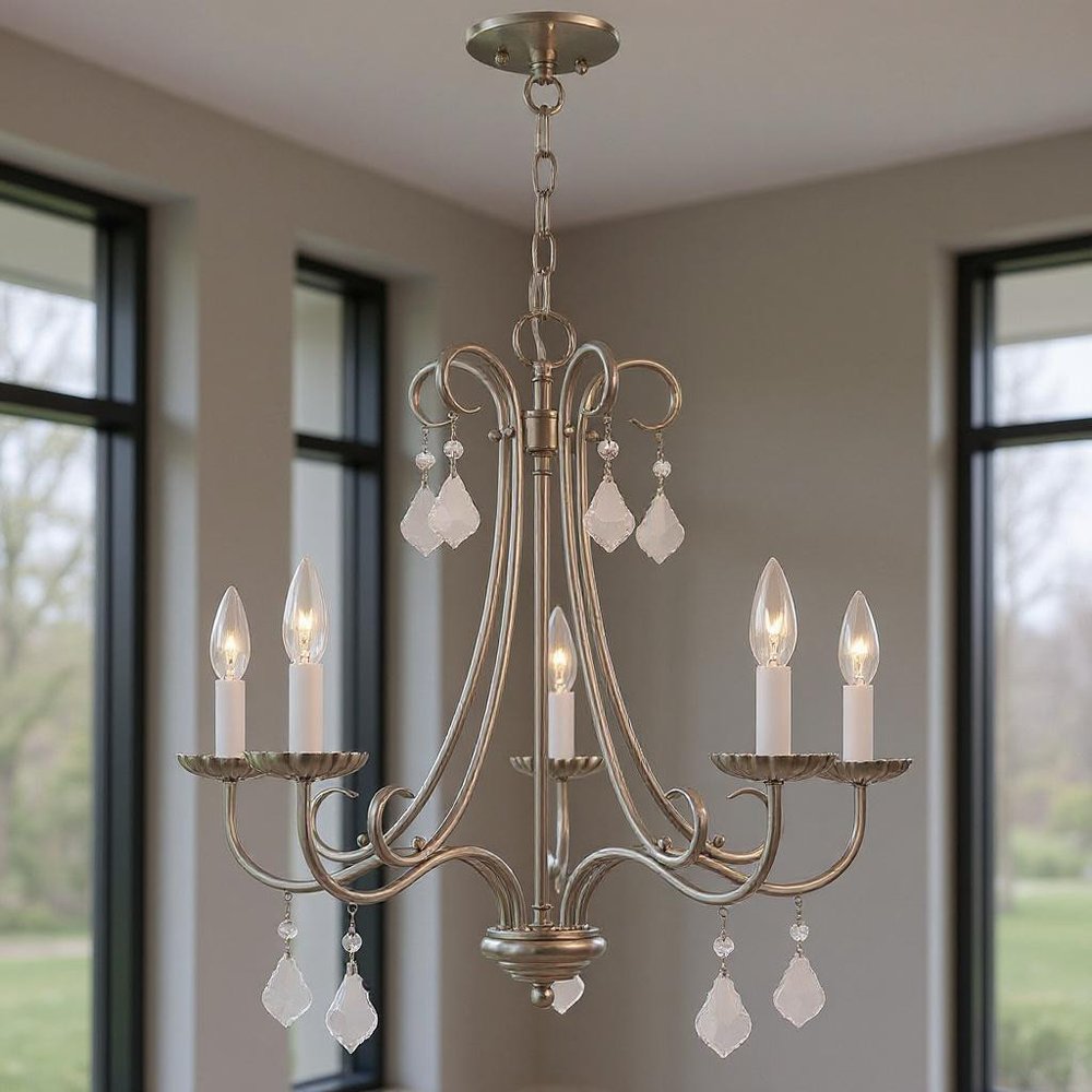 Nickel Five Light Metal Dimmable Chandelier With Shades