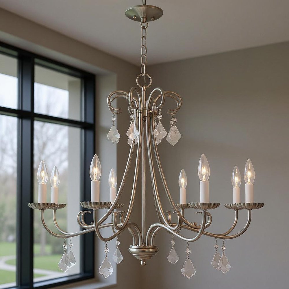 Nickel Eight Light Metal Dimmable Chandelier With Shades