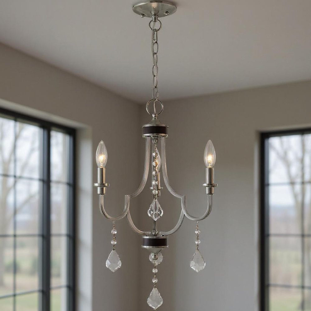 Nickel Three Light Metal Dimmable Chandelier With Shades