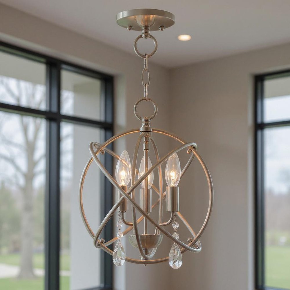 Nickel Three Light Metal Dimmable Chandelier With Shades
