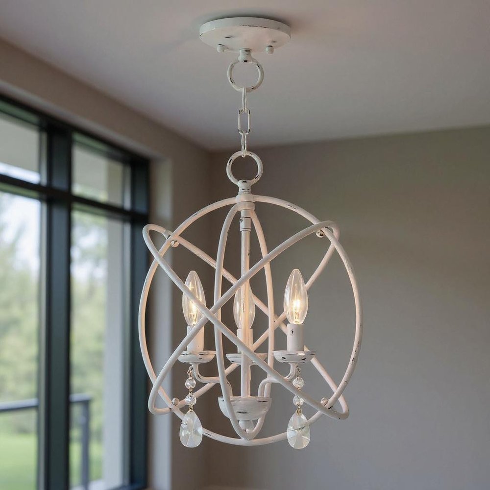 White Three Light Metal Dimmable Chandelier With Shades