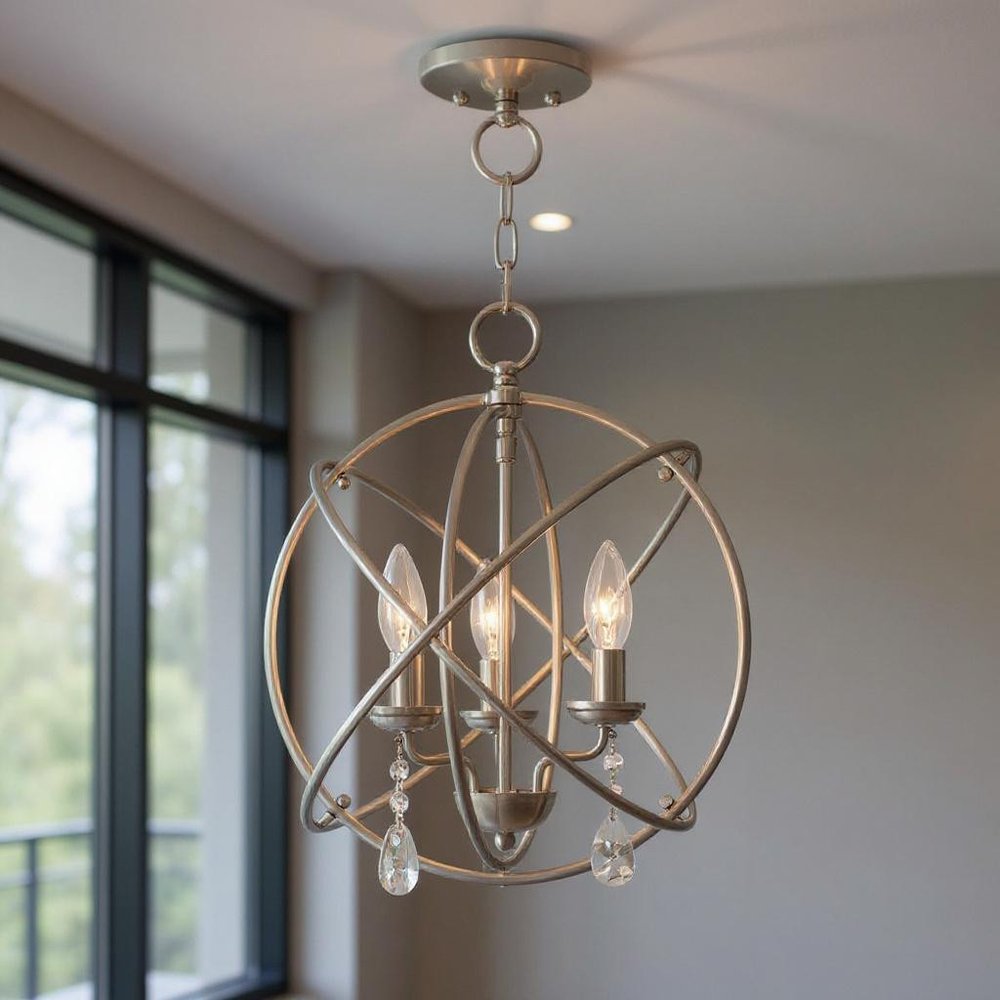 Nickel Three Light Metal Dimmable Chandelier With Shades