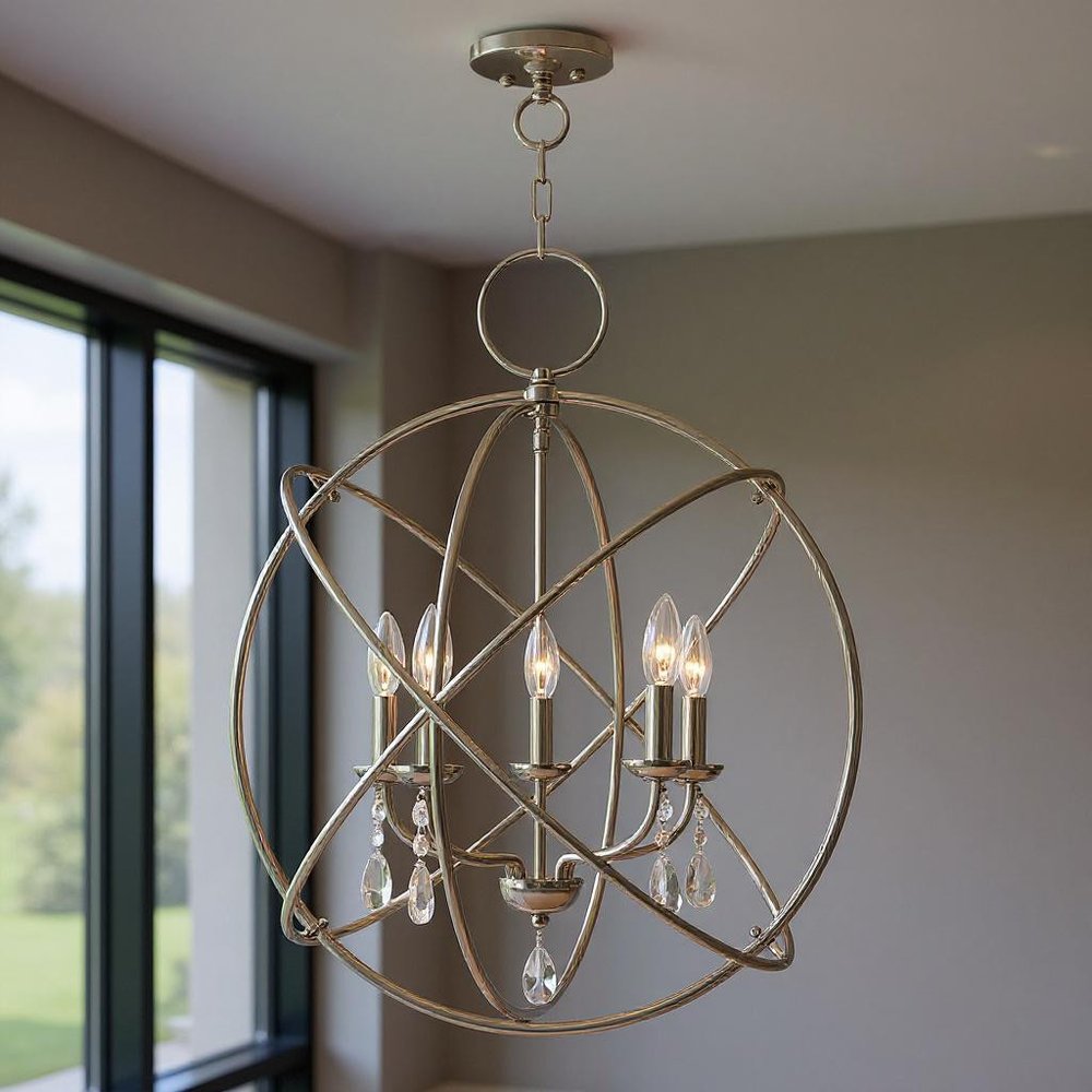 Nickel Five Light Metal Dimmable Chandelier With Shades