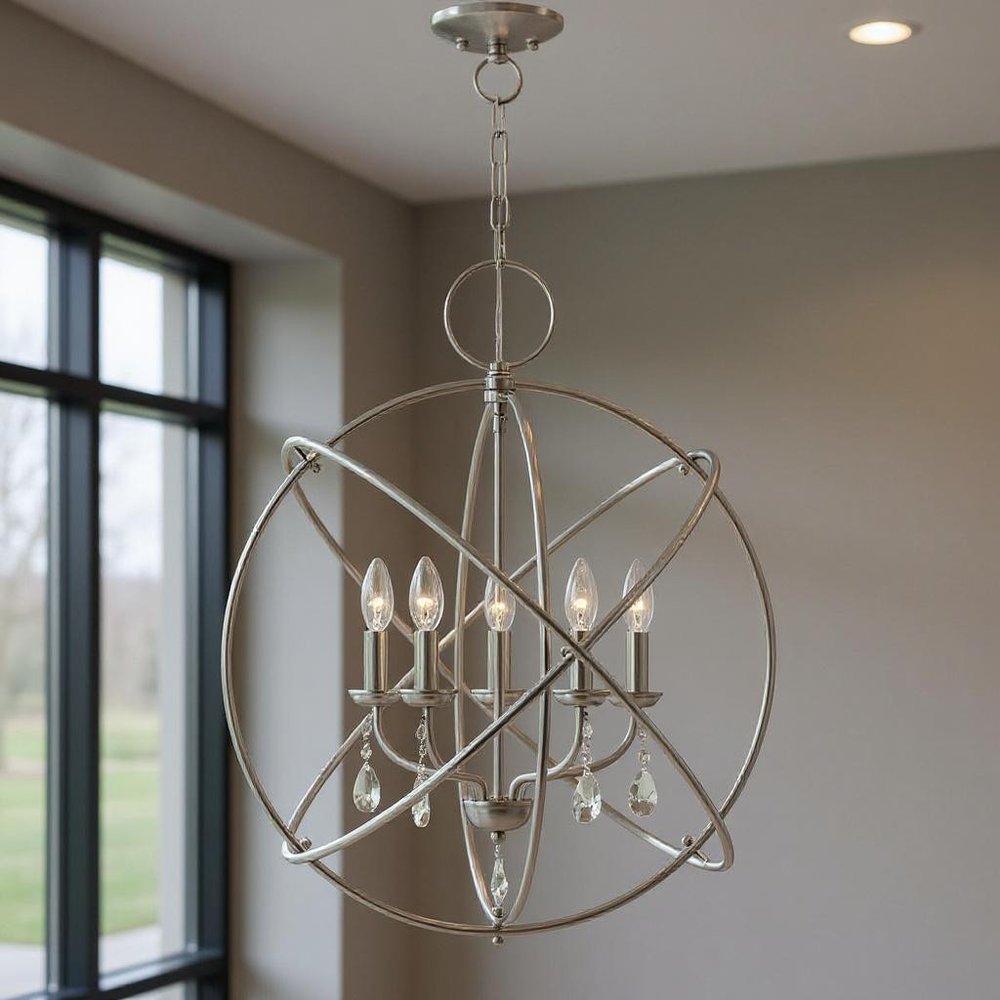 Nickel Five Light Metal Dimmable Chandelier With Shades