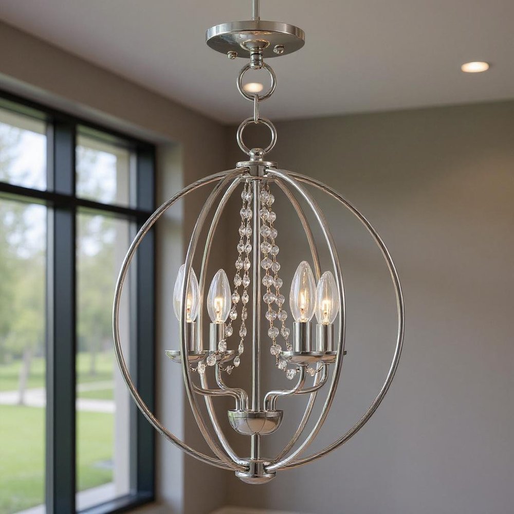 Silver Four Light Metal Dimmable Chandelier With Shades