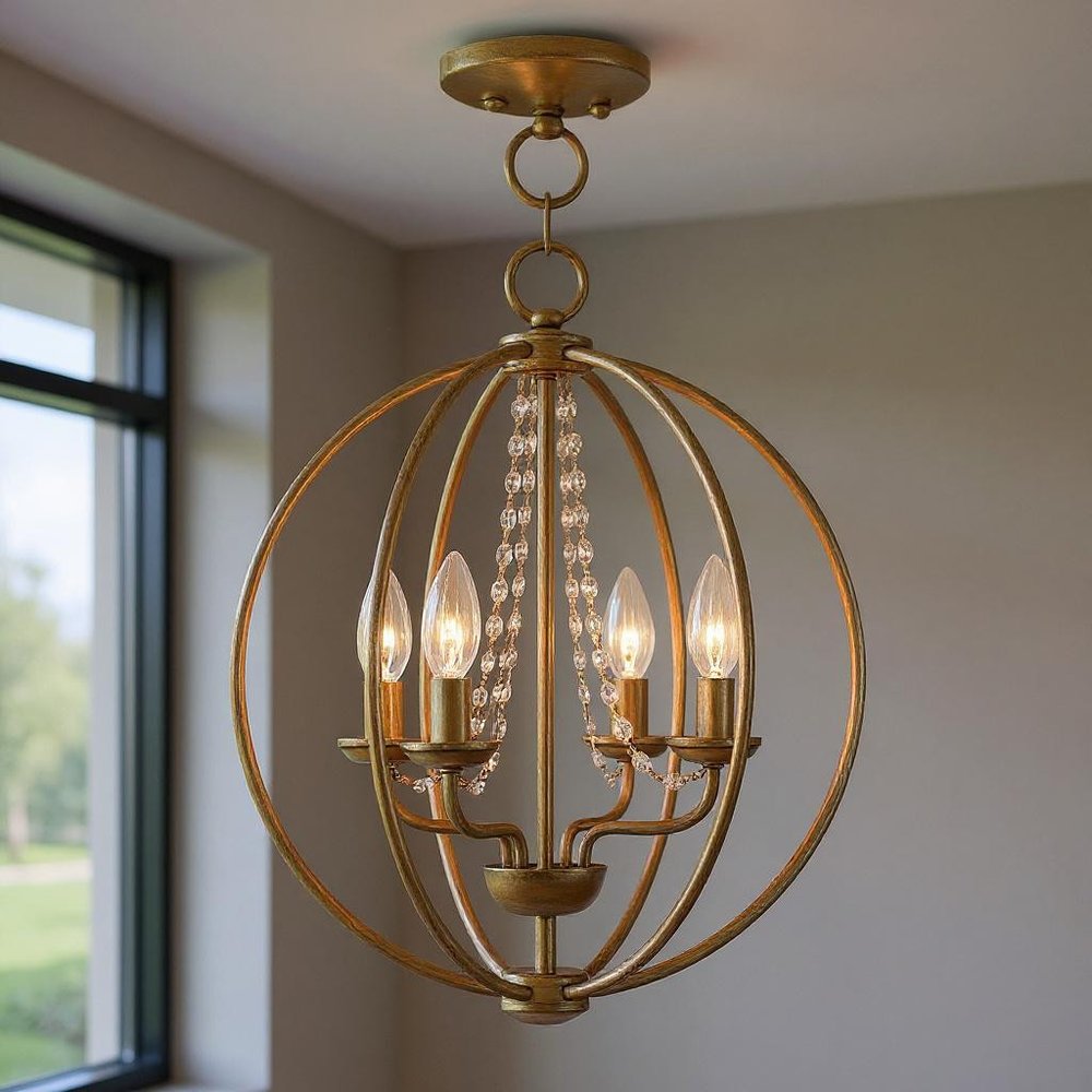 Gold Four Light Metal Dimmable Chandelier With Shades