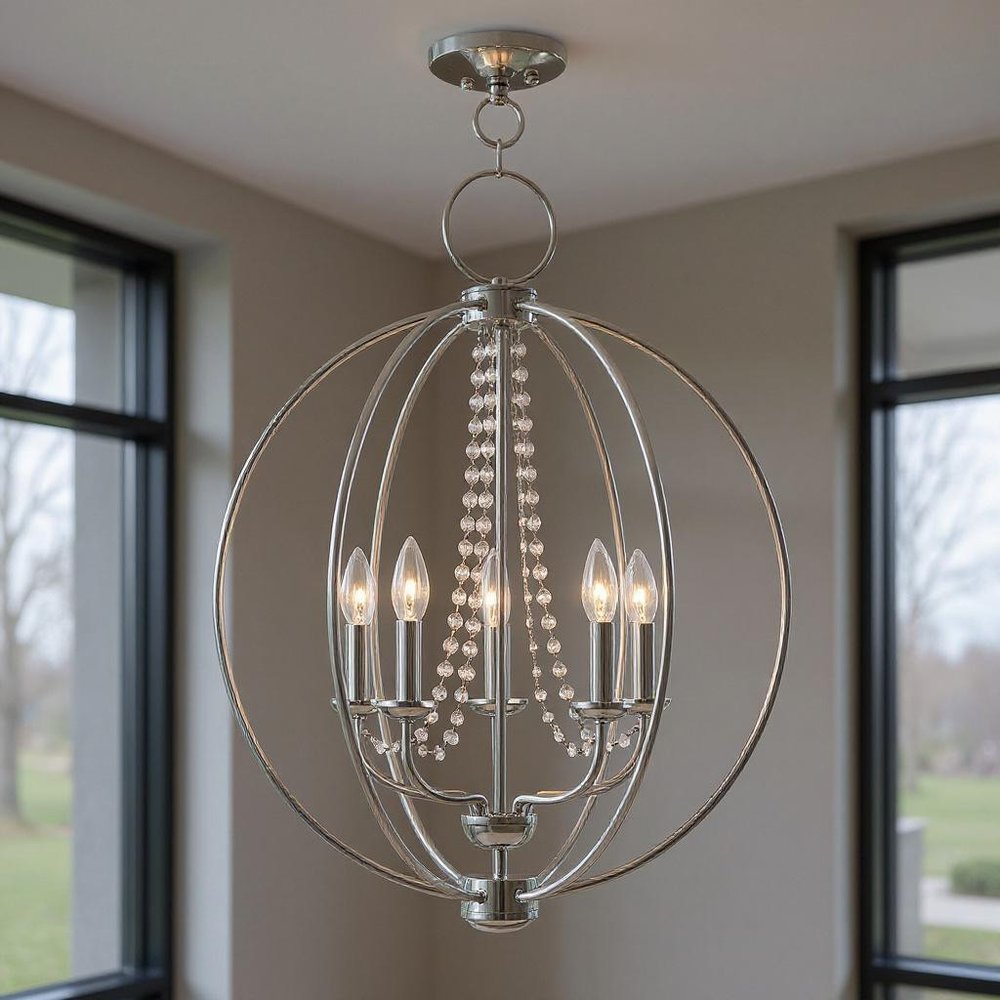 Silver Five Light Metal Dimmable Chandelier With Shades