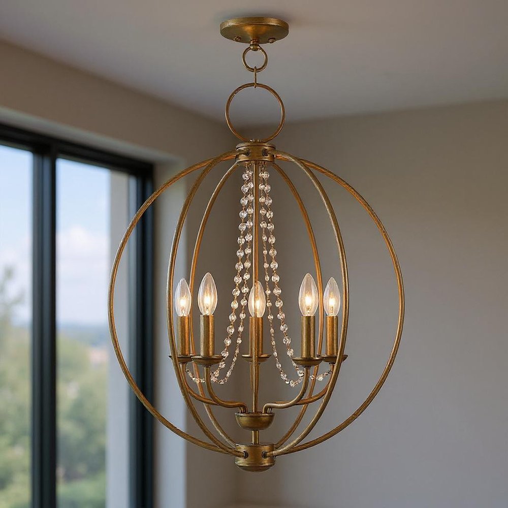 Antiqued Gold Five Light Metal Dimmable Chandelier With Shades