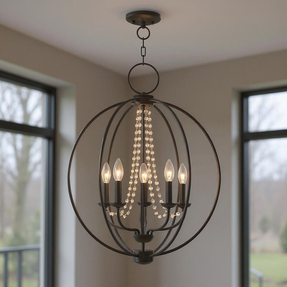 Bronze Five Light Metal Dimmable Chandelier With Shades