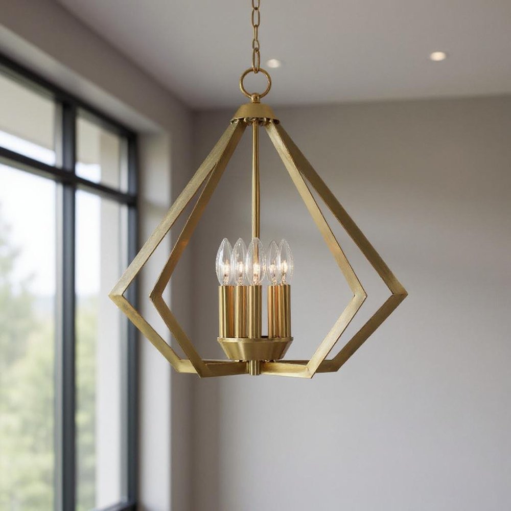 Antiqued Brass Five Light Metal Dimmable Chandelier With Shades