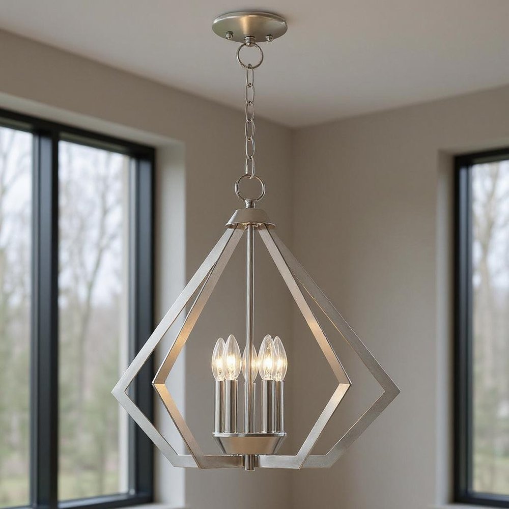 Nickel Five Light Metal Dimmable Chandelier With Shades