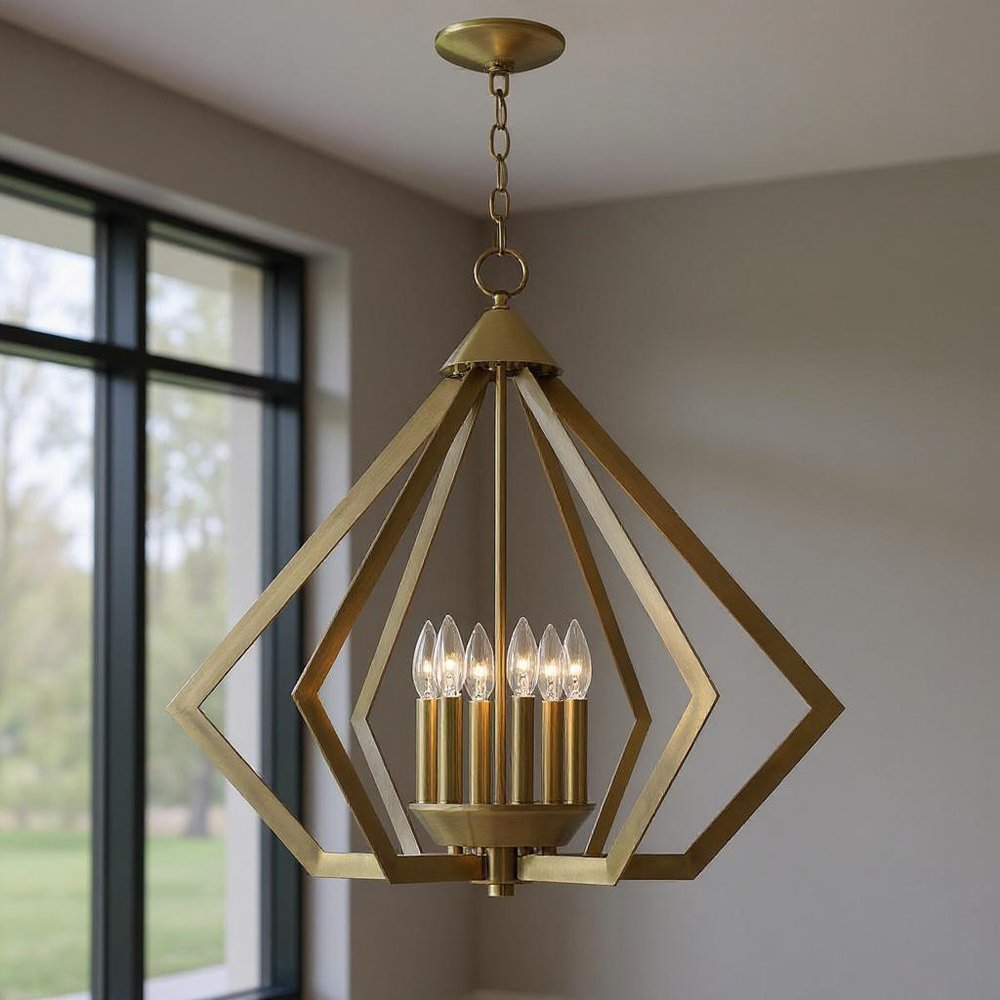 Antiqued Brass Six Light Metal Dimmable Chandelier With Shades