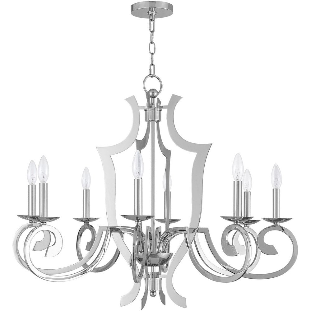Silver Eight Light Metal Dimmable Chandelier With Shades